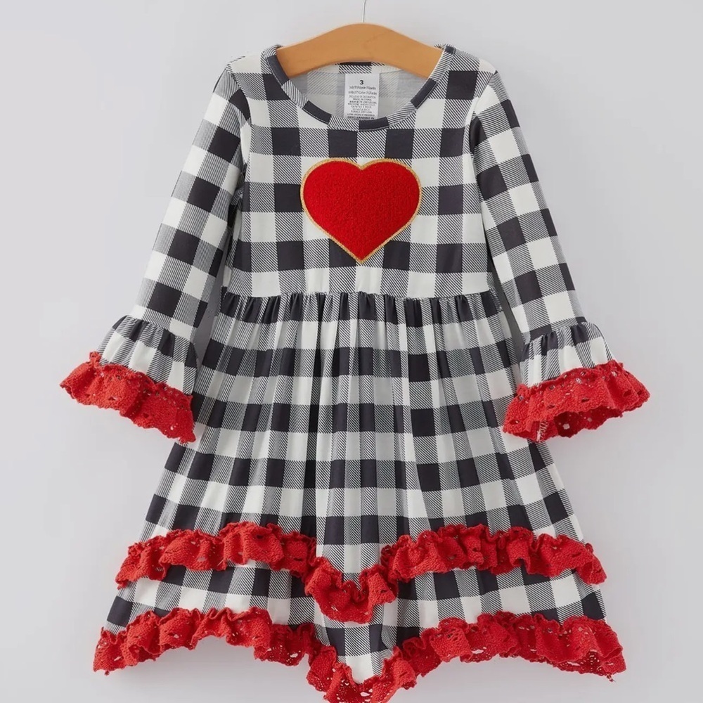 Plaid Long Sleeve Dress with Heart and Ruffle Details